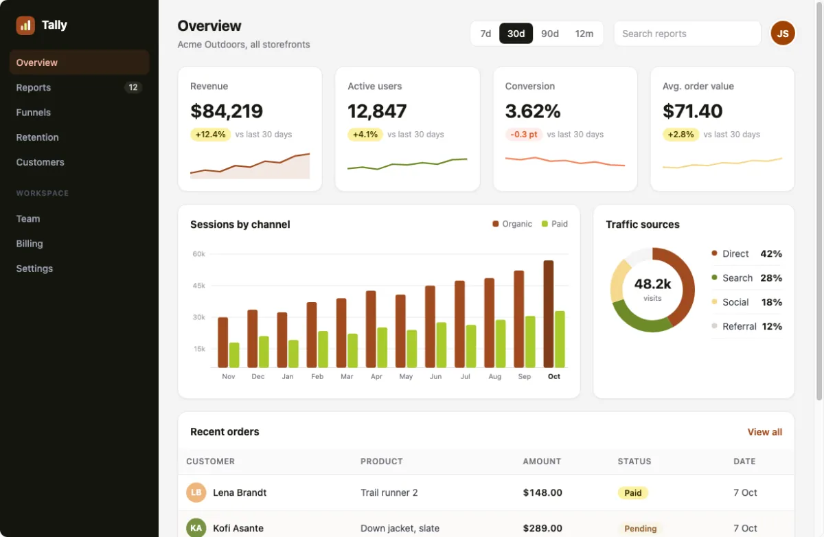 Recolor's dashboard sample repainted in the Autumn palette