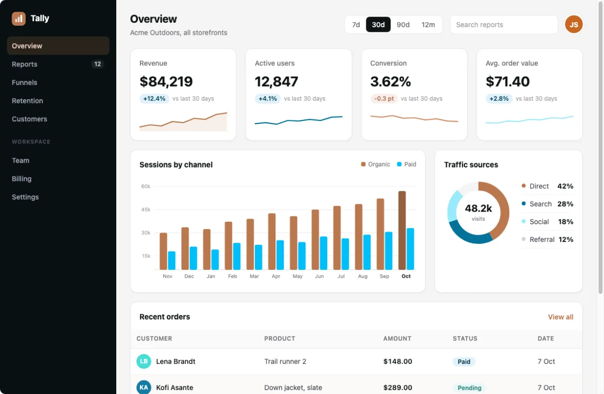 Recolor's dashboard sample repainted in the Coast and clay palette